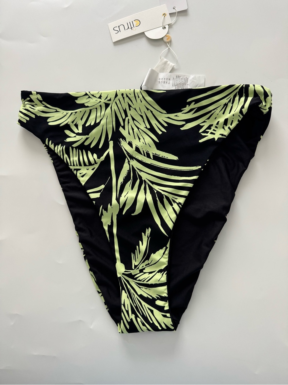 Citrus Palm Print High-Cut Bikini Bottom - Black & Lime
